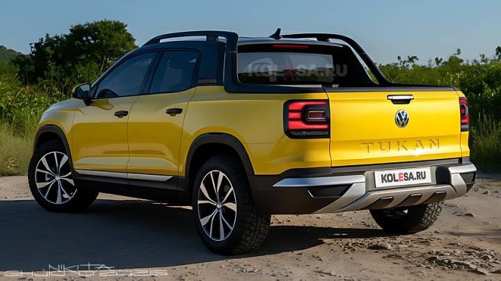 Teaser da picape Volkswagen Tukan em Amarelo Canário